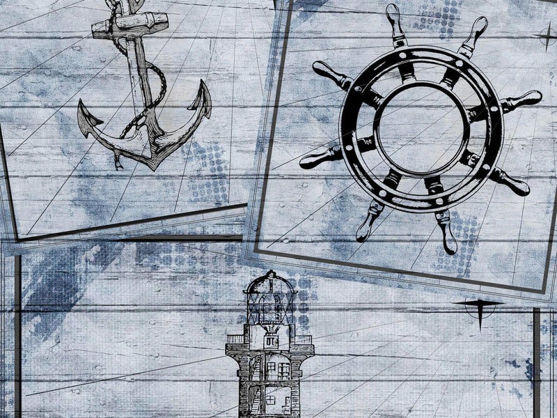 Kimberly Allen, Nautical Day (Steuerrad, Anker, Leuchtturm, maritim, Holzpanel, modern Grafik,  Treppenhaus, Badezimmer, Wohnzimmer, Wunschgröße, beige/blau)
