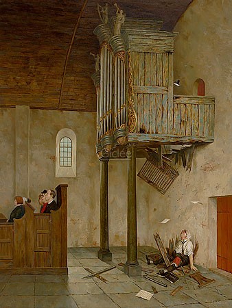 Marius van Dokkum, A capella (Malerei, Karikatur, Kirche, alte Kirche, Orgel, Empore, morsch, Durchbruch, Absturz, Organist, Spaß, komisch, lustig, Treppenhaus, Wohnzimmer, bunt)