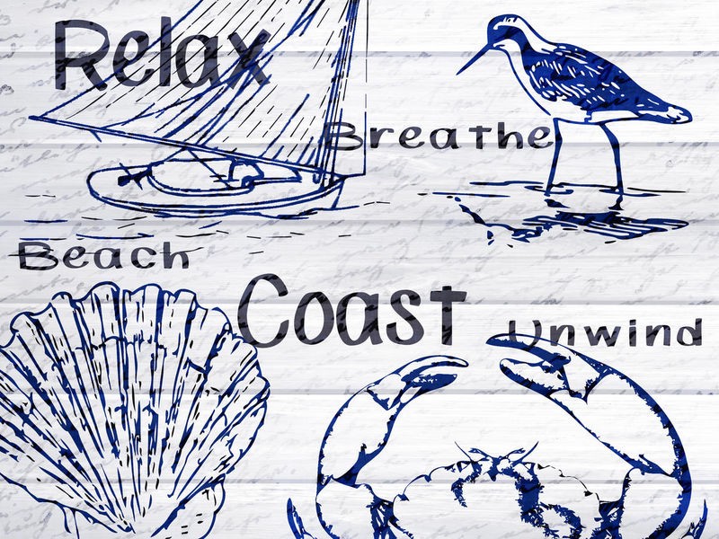 Kimberly Allen, Beach Coast (Motivation, Inspiration,  maritim, Strandläufer, Muschel, Typografie, Schrift, Grafik, Wohnzimmer, Badezimmer, Treppenhaus, Wunschgröße, beige/blau)