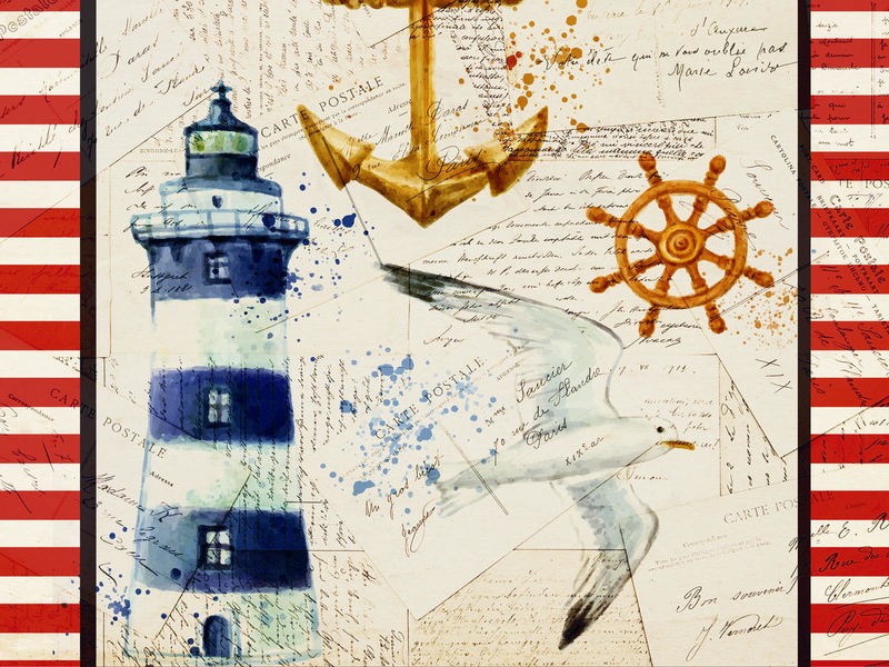 Kimberly Allen, Anchors Away (Leuchtturm, Möwe, Anker, Steuerrad, maritim, Kalligrafie, Schriftzug, Urlaub, Grafik,  Treppenhaus, Badezimmer, Wohnzimmer, Wunschgröße, bunt)