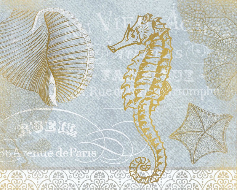 Kimberly Allen, Azure Coastal Calm Series 1 (Seepferdchen, Muschel, Meerestier, Kalligrafie, Schriftzüge, maritim, Ornamente, Nostalgie, Grafik,   Treppenhaus, Badezimmer, Wohnzimmer, Wunschgröße, gold/grau)