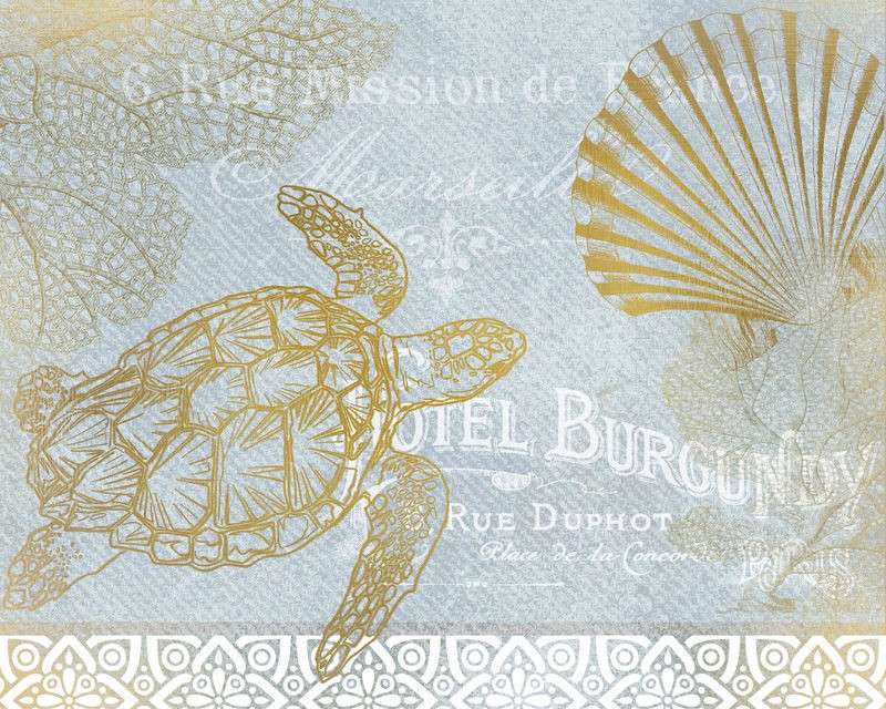 Kimberly Allen, Azure Coastal Calm Series 2 (Wasserschildkröte, Jakobsmuschel, Meerestier, Kalligrafie, Schriftzüge, maritim, Ornamente, Nostalgie, Grafik,  Treppenhaus, Badezimmer, Wohnzimmer, Wunschgröße, gold/grau)