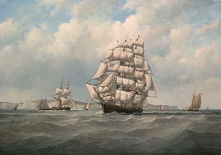 Peter J. Sterkenburg, The white cliffs of Dover (Malerei, Meeresbrise, Meer, Segelschiff, historischer Dreimaster, Nostalgie, Horizont, Küste, Klippen, weiße Klippen, England, Wohnzimmer, Büro, bunt)