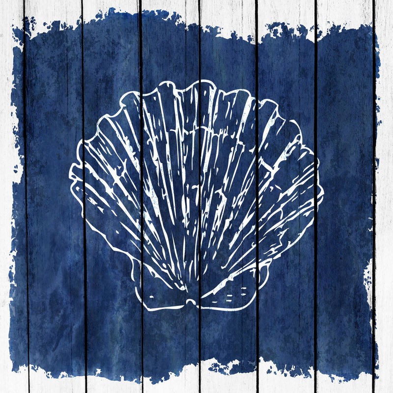 Kimberly Allen, Coastal 2 (Muschel, Jakobsmuschel, Holzpanel, Meerestier, maritim, Grafik,  Treppenhaus, Badezimmer, Wohnzimmer, Wunschgröße, blau/weiß)