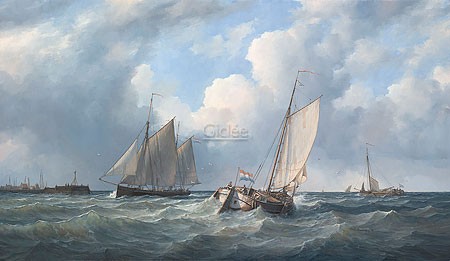 Peter J. Sterkenburg, Sailing ships outside harbour (Malerei, Meeresbrise, Meer, Segelboote, Segel, Nostalgie, Horizont, Küste, Wohnzimmer, Büro, bunt)