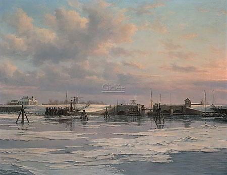 Peter J. Sterkenburg, Zoutkamp, from the sea (Malerei, Meeresbrise, Meer, Winter, Fischerdorf, Niederlande, Schnee, Eis,  Nostalgie,  Küste, Wohnzimmer, Büro, bunt)