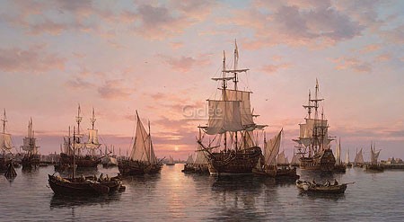 Peter J. Sterkenburg, The IJ at sunset (Malerei, Meeresbrise, Meer, Segelboote, Segel, Sonnenuntergang, Nostalgie, Horizont, Wohnzimmer, Büro, bunt)