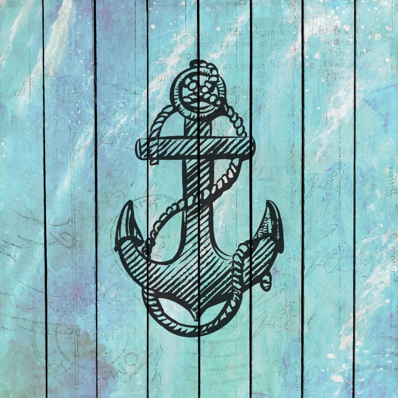 Kimberly Allen, Sea Time 2 (Ankeer, Symbol, Holzpanel,  maritim, Grafik,  Treppenhaus, Badezimmer, Wohnzimmer, Wunschgröße, hellblau/grau)