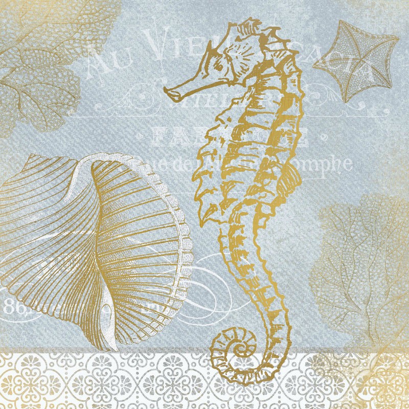 Kimberly Allen, Azure Coastal Calm 1 (Seepferdchen, Muschel, Meerestier, Kalligrafie, Schriftzüge, maritim, Ornamente, Nostalgie, Grafik,   Treppenhaus, Badezimmer, Wohnzimmer, Wunschgröße, gold/grau)