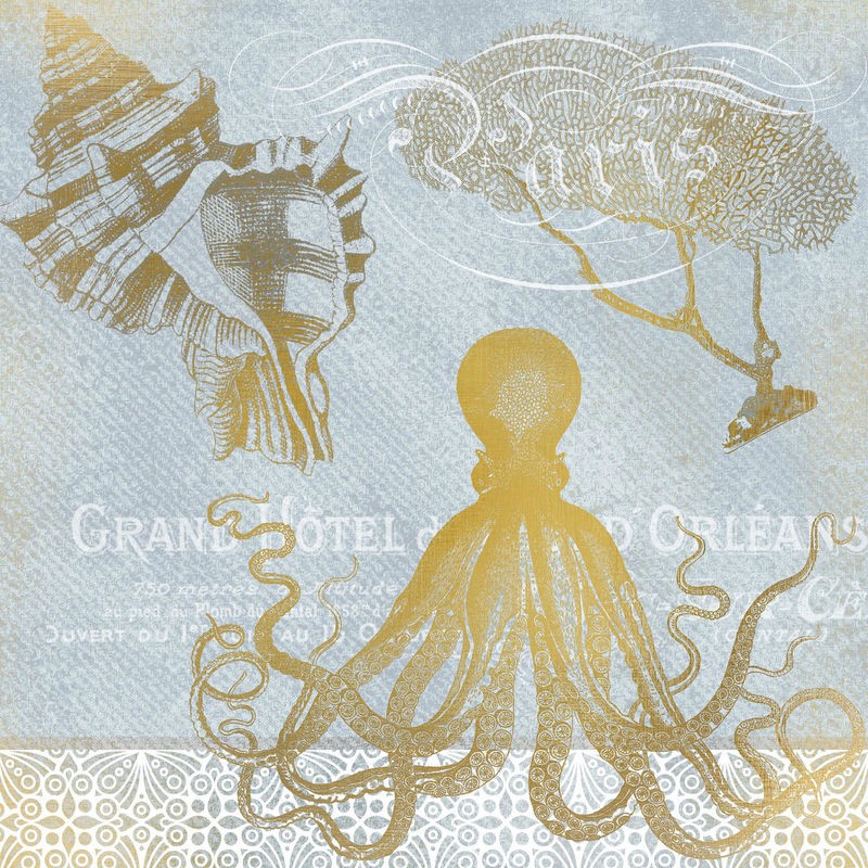 Kimberly Allen, Azure Coastal Calm 2 (Meeresmuschel, Koralle, Tintenfisch, Krake, Meerestier, Kalligrafie, Schriftzüge, maritim, Ornamente, Nostalgie, Grafik,   Treppenhaus, Badezimmer, Wohnzimmer, Wunschgröße, gold/grau)