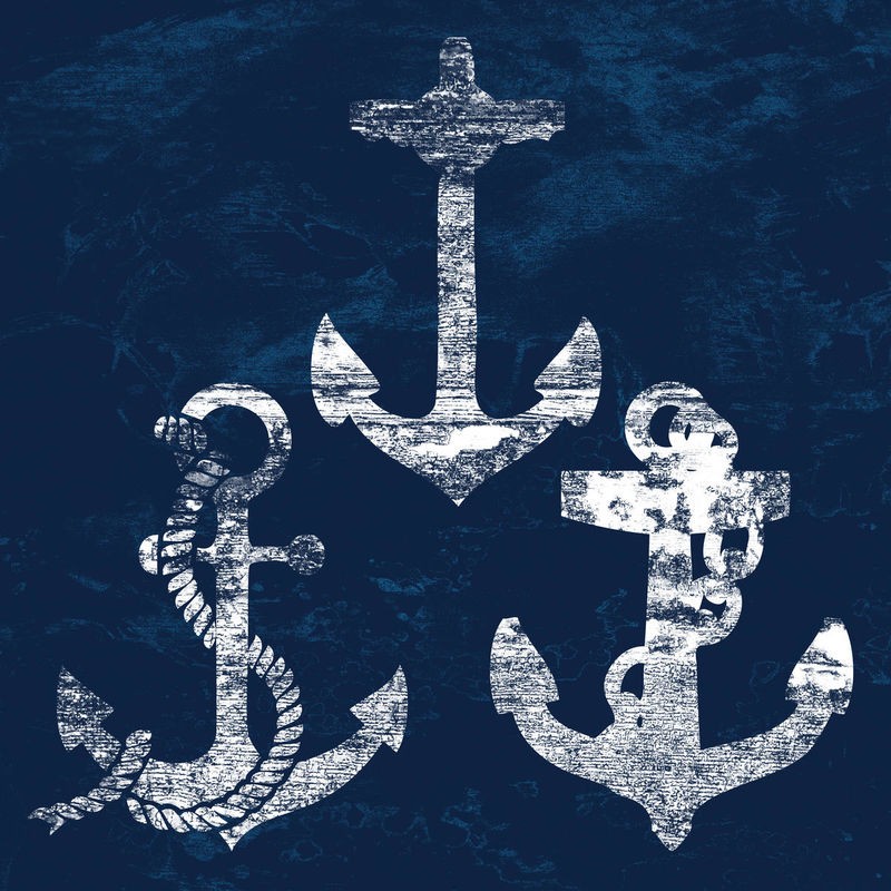 Sheldon Lewis, Anchor At The Coast (Anker, Abenteuer, maritim, Grafik, Badezimmmer, Treppenhaus, Wunschgröße, blau/weiß)