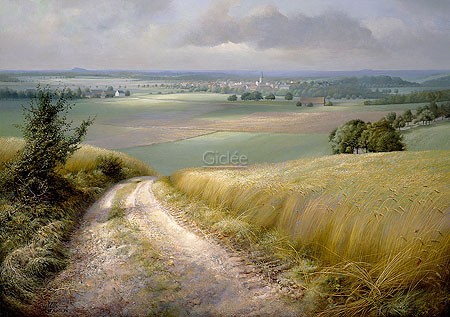 Patrick Creyghton, Summer in the Maas Valley (Malerei, Natur, Landschaft, Tal, Feldweg, Kornfelder,  Einsamkeit, Weite, Sommer, Horizont, naturalistisch, Wohnzimmer, bunt)