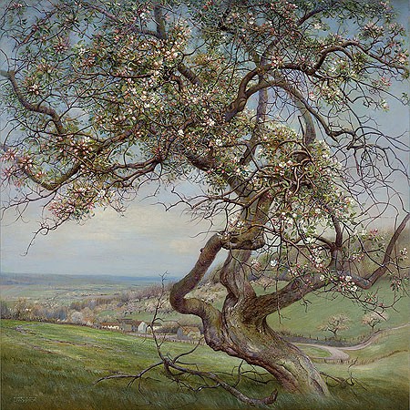 Patrick Creyghton, Blooming apple tree (Malerei, Natur, Landschaft, Wiese, Baum, Apfelbaum, Apfelbaumblüten, Jahreszeit, Frühling,   Weite, Horizont, naturalistisch, Wohnzimmer, bunt)