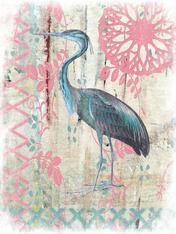 Sheldon Lewis, Silent Moment (Reiher, Stelzvogel, Vogel, Tier, Ornamente, Muster,  Ornithologie, Wohnzimmer, Treppenhaus, Wunschgröße, pastell, bunt)