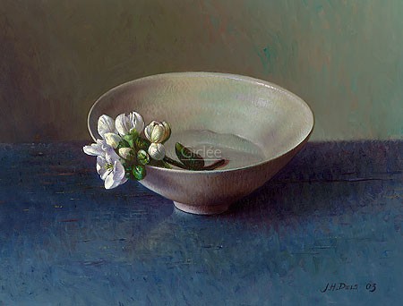 Jef Diels, First Blossom (Malerei, Stillleben, Porzellanschale, Wasserschälchen,Blütenzweig, blauer Holztisch, Wohnzimmer, Esszimmer,  bunt)