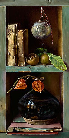 Jef Diels, Chest with medlars (Malerei, Stillleben, Trompe-l'oeil, Holzregal, Kasten, Mispeln, Weihnachtskugel,  Vase, alte Bücher, Esszimmer, Gastronomie, bunt)