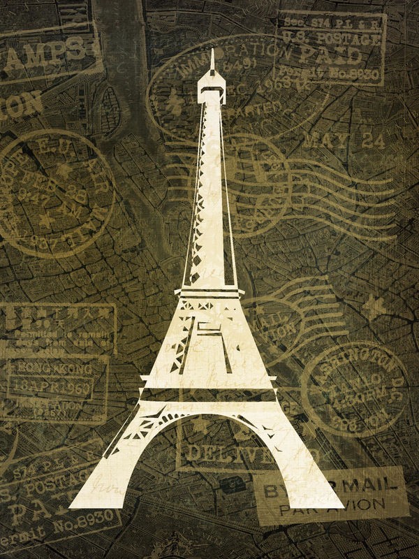 Kimberly Allen, Wanderlust 5 (Eiffelturm, Paris, Symbol, Briefstempel, Reisen, Abenteuer, Grafik, Typografie, Wohnzimmer, Treppenhaus, Wunschgröße, grau/beige)