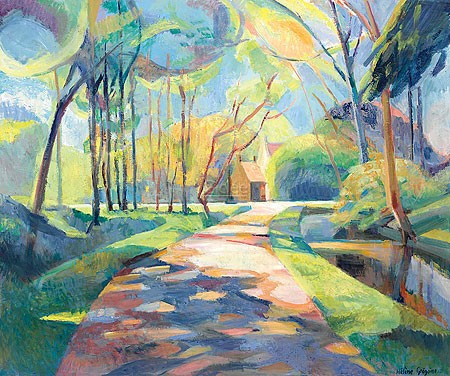 Hélène Grégoire, Rasquert IV (Malerei, moderne Malerei, Niederlande, Dorf, Landschaft, Bäume, Allee, Lichtflecken, Licht / Schatten,  Farbfelder,  Sonnenlicht, dekorativ, Wohnzimmer, Treppenhaus, Arztpraxis, bunt)