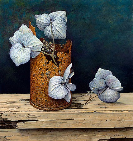 Aad Hofman, Can with hydrangeas (Malerei, Stillleben, Blechdose, Rost, verrostet, Nostalgie, Blüten, Hortensie, morbid, Holz, morsches Holz, Wohnzimmer, Esszimmer, Schlafzimmer, bunt)