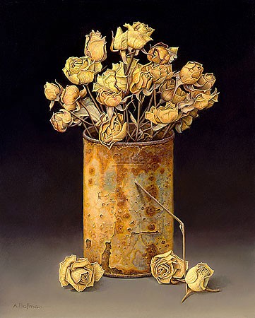 Aad Hofman, Can with dried roses (Malerei, Stillleben, Blechdose, Rost, verrostet, Nostalgie, Blüten, Rosen, morbid, Vergänglichkeit, Vanitas,  Wohnzimmer, Treppenhaus, Schlafzimmer, bunt)