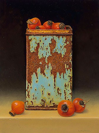 Aad Hofman, Rosehips and rusty tin (Malerei, Stillleben, Blechdose, Rost, verrostet, Nostalgie, Früchte, Hagebutten, Wohnzimmer, Esszimmer, Schlafzimmer, bunt)