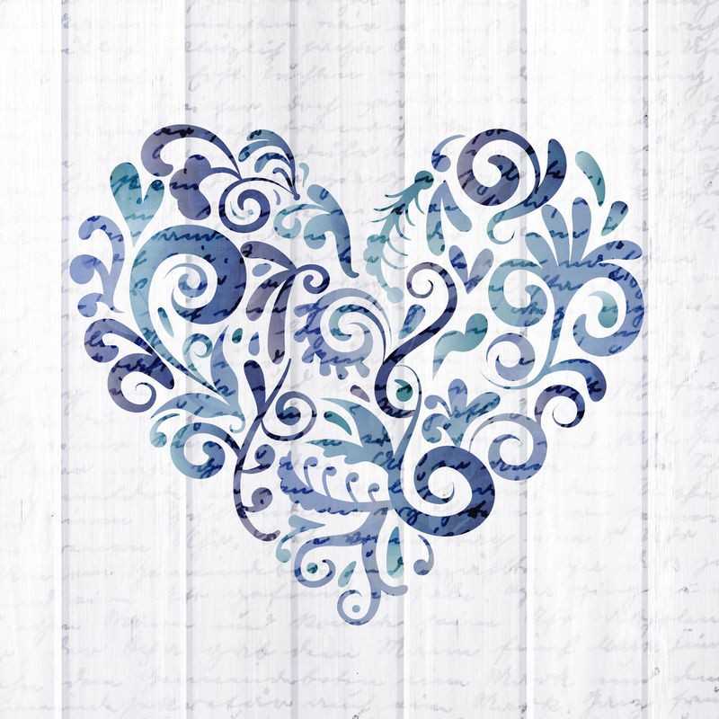 Kimberly Allen, Always Love 4 (herz, blaues herz, Ornamente, floral, Holzpanel, Grafik,  Wohnzimmer, Treppenhaus, Jugendzimmer, Wunschgröße, blau/beige)
