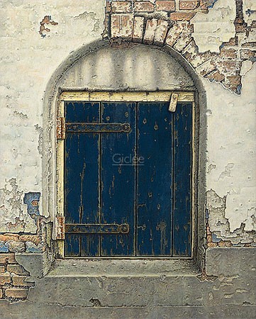 Aad Hofman, Blue shutter (Malerei, Architektur, morbid, Nostalgie, Mauerwerk, Putz, bröckelnder Putz, Holzladen,Schlagladen, Verfall,   Wohnzimmer, Treppenhaus, Schlafzimmer, bunt)