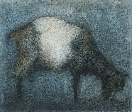 Pieter Knorr, Fem the goat (Malerei, Modern, Ziege, Tier, Nutztier, diffus, unklar, verschwommen, Treppenhaus, blau / grau)