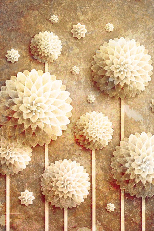 Kimberly Allen, Make a Wish (Blumen, Blüten, Kunstblumen, Papierblumen, Dahlien, Grafik,  Wohnzimmer, Treppenhaus, Büro, Wunschgröße, beige)
