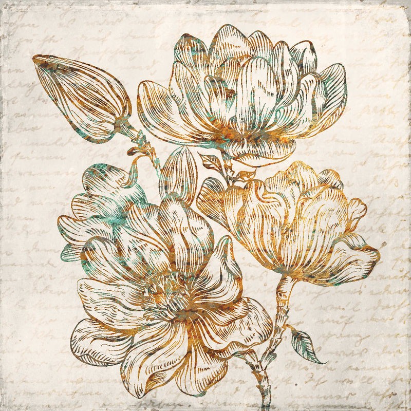 Kimberly Allen, Floral Notes 1 (Blüten, Blumen, Kalligrafie, Botanik, Grafik,  Wohnzimmer, Treppenhaus, Schlafzimmer, Wunschgröße, beige/gold)