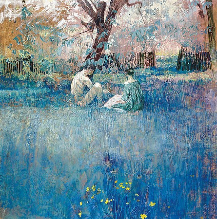 Matthijs Röling, Garden idyll (Malerei, Modern, Landschaft, Garten, Paar, Sommer, Idylle, abstrakter Realismus, realistische Formen, abstrakte Elemente, Wohnzimmer, Schlafzimmer, blau / bunt)