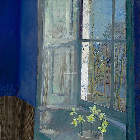 Matthijs Röling, Studio (Malerei, Modern, Fenster, Ausblick, Garten, Frühling, Narzissen, Fensterbank,  Wohnzimmer, Schlafzimmer, blau / bunt)