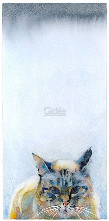 Jan van der Scheer, Noekie III (Malerei, Modern, Katze, Hauskatze, Katzenportrait, graues Farbfeld, Wohnzimmer, Treppenhaus, Schlafzimmer, bunt)