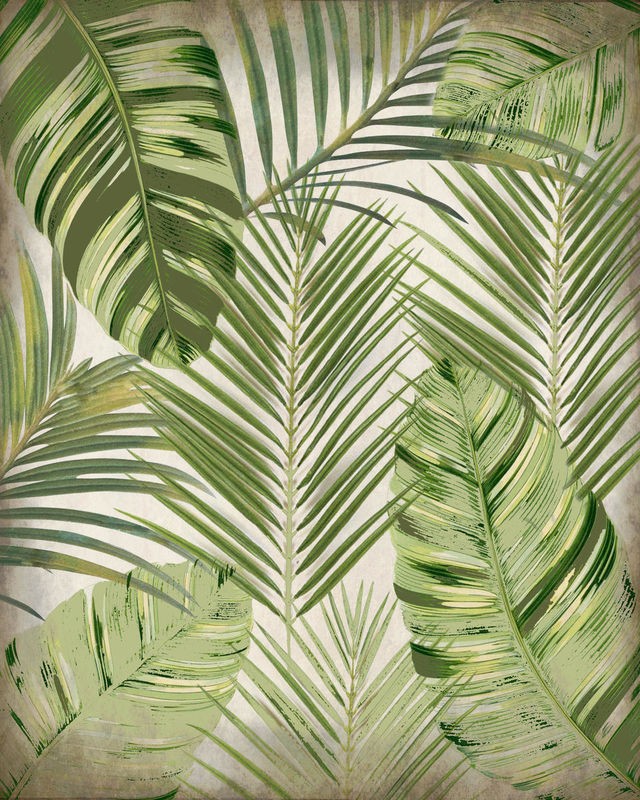 Kimberly Allen, Tropic Palms 1 (Blätter, Palmblätter, Tropisch,  Botanik, Pflanzen, Grafik, Treppenhaus,  Wohnzimmer, Wunschgröße, beige/grün)