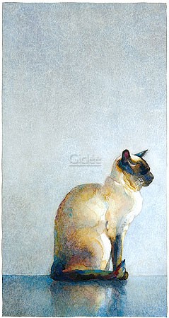 Jan van der Scheer, Kwinto II (Malerei, Modern, Katze, Siamkatze, Edelkatze, Katzenportrait, graues Farbfeld, Wohnzimmer, Treppenhaus, Schlafzimmer, bunt)