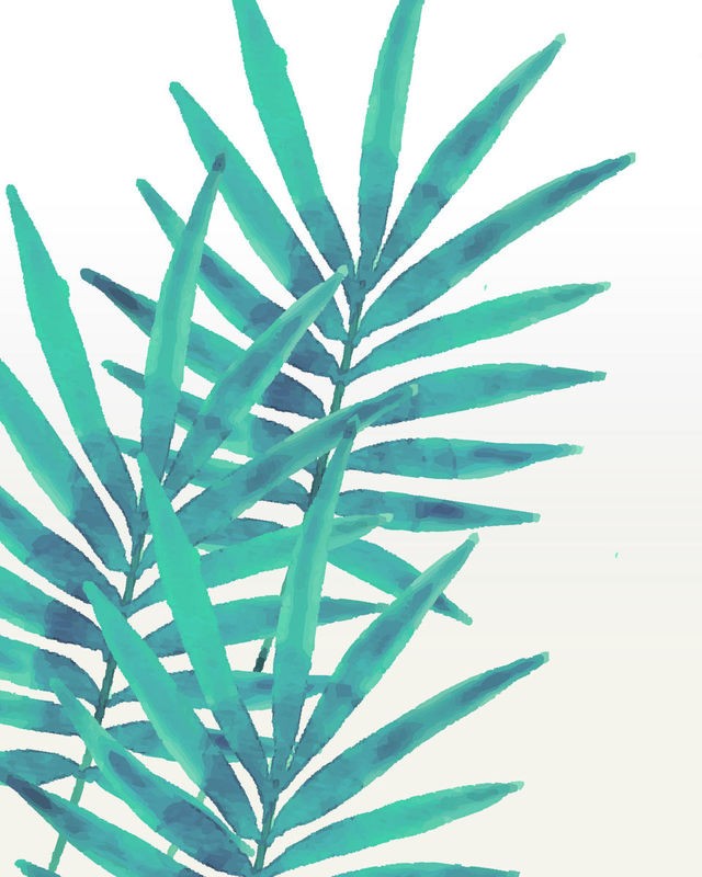 Kimberly Allen, In the Summer 1 (Blätter, Palmblätter,  Botanik, Pflanzen, Grafik, Treppenhaus,  Wohnzimmer, Wunschgröße, türkis/weiß)
