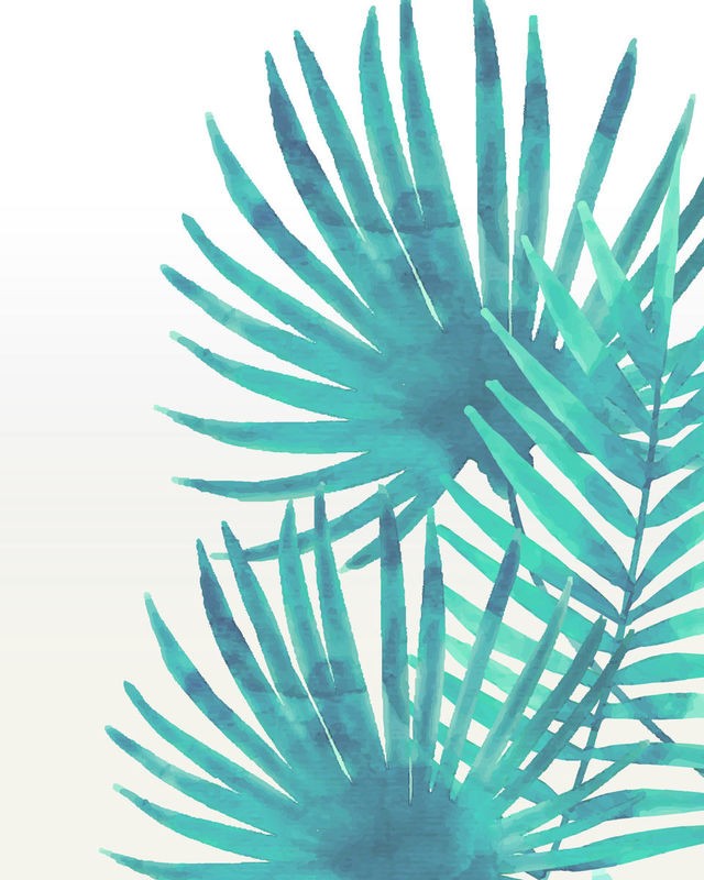 Kimberly Allen, In the Summer 2 (Blätter, Palmblätter,  Botanik, Pflanzen, Grafik, Treppenhaus,  Wohnzimmer, Wunschgröße, türkis/weiß)