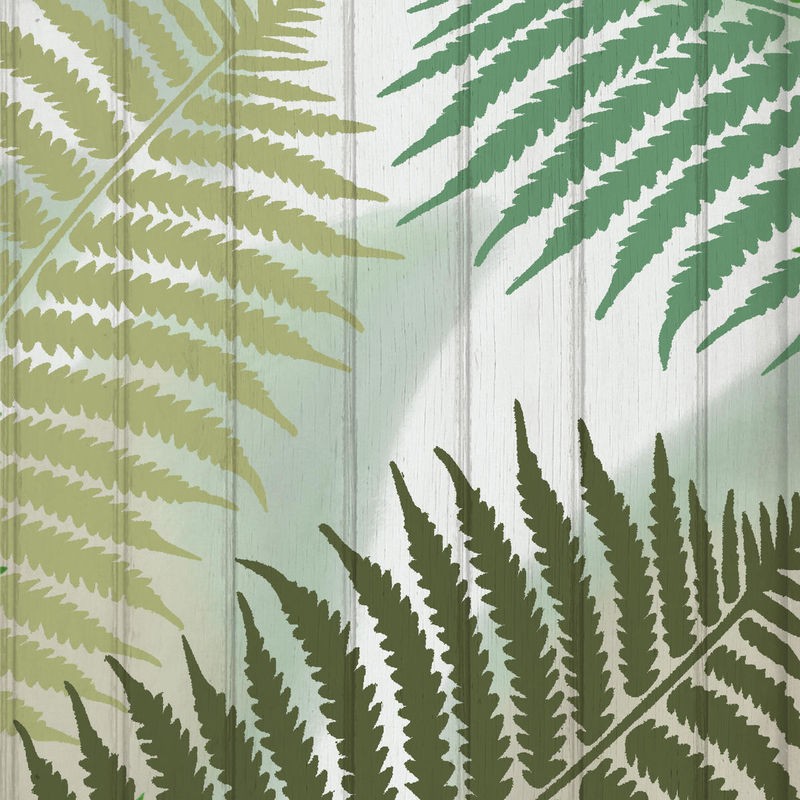 Kimberly Allen, Tropics 1 (Blätter, Palmblätter,  Botanik, Pflanzen, Holzpanel, Grafik, Treppenhaus,  Wohnzimmer, Wunschgröße,grün/beige)