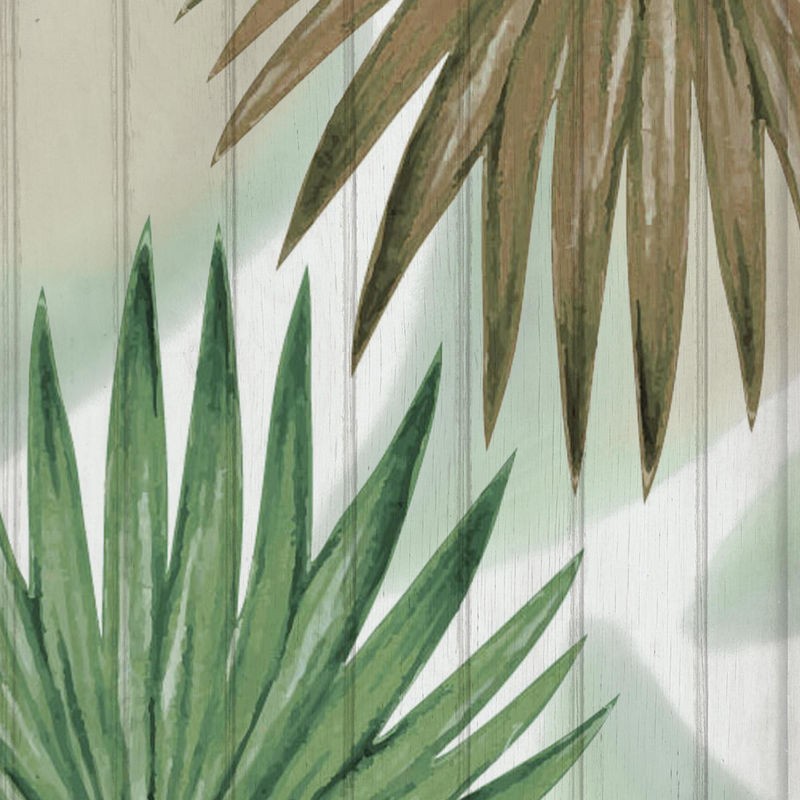 Kimberly Allen, Tropics 2 (Blätter, Palmblätter,  Botanik, Pflanzen, Holzpanel, Grafik, Treppenhaus,  Wohnzimmer, Wunschgröße,grün/beige)