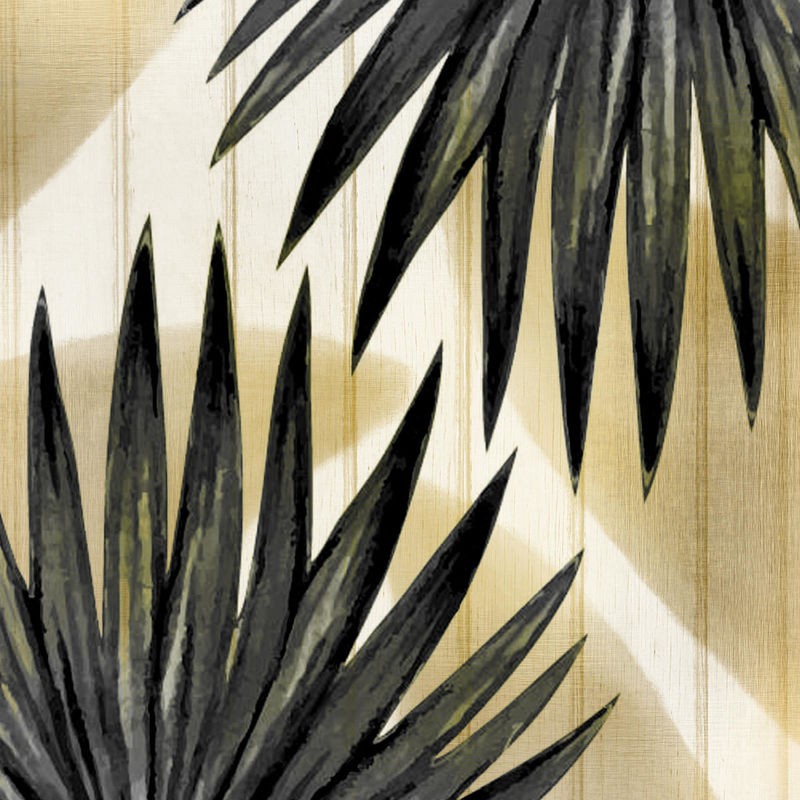 Kimberly Allen, Tropical Leaves Golden 2 (Blätter, Palmenblatt, Fotokunst, Nahaufnahme,  Botanik, Pflanzen, Holzpanel, Treppenhaus,  Wohnzimmer, Wunschgröße, grün/beige)