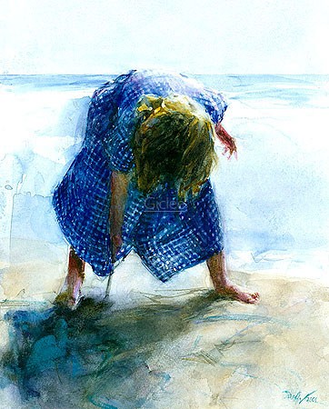 Dorry van de Winkel, Drawing in the sand (Malerei, modern, Meeresbrise, Strand, Sand, Kind, Mädchen, Spiel, Urlaub, Sandmalerei, Badezimmer, Schlafzimmer, bunt)
