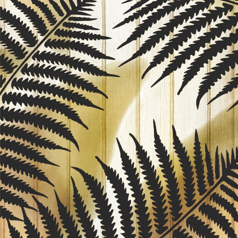 Kimberly Allen, Tropical Leaves Golden 1 (Blätter, Farn, Holzpanel, Fotokunst, Nahaufnahme,  Botanik, Pflanzen, Treppenhaus,  Wohnzimmer, Wunschgröße, grün/beige)