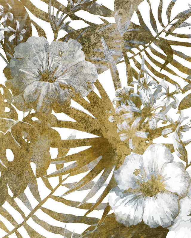 Kimberly Allen, Tropic Bloom 1 (Hibiskus, Blüten, Blätter, Pflanze, Blume, Botanik, Nahaufnahme, Fotokunst,  Treppenhaus,  Wohnzimmer, Wunschgröße, grün/weiß)