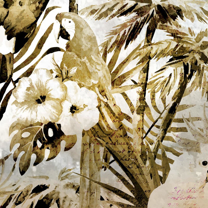 Kimberly Allen, Birds of Paradise 2 (Ara, Papagei, Blüten, Blätter, Pflanze, Blumen, Paradies, Botanik, Nahaufnahme, Fotokunst,  Treppenhaus,  Wohnzimmer, Wunschgröße, oliv/weiß)