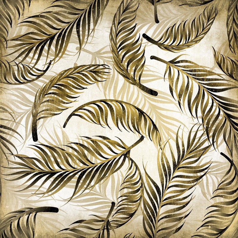 Kimberly Allen, Tropics 2 (Blätter, Federn, Variationen, Pflanzen, Botanik,  Grafik,  Treppenhaus,  Wohnzimmer, Wunschgröße, oliv/beige)
