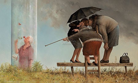 Marius van Dokkum, Gossip (Malerei, Karikatur, Senioren, alte Damen, Tratsch, böse Weiber, Lästern,  Gehstock,  kurzsichtig, , komisch, Treppenhaus, Wohnzimmer, bunt)