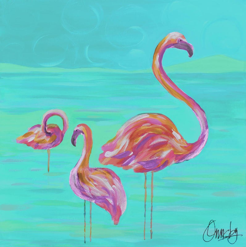 Anne Ormsby, duo-flamingos (Flamingos, rosa Flamingos, Stelzvogel, See, Malerei, Wunschgröße, Wohnzimmer, Treppenhaus, rosa/türkis)