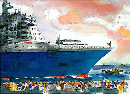 Ingrid Dingjan, Queen Mary 2 (Malerei, modern, Schifffahrt, maritim, Schiff, Kreuzfahrten, Kreuzfahrschiff, Reisen , Urlaub, Hafen, Schaulustige,  Abstraktion, Farbverläufe, Wohnzimmer, Arztpraxis, bunt)