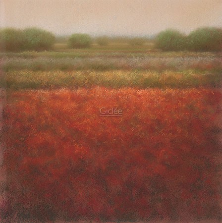 Hans Dolieslager, Red field (Malerei, Landschaften, Natur, Bäume, Felder, rotes Feld, rote Pflanzen, Dunst, diffus, Wohnzimmer, Treppenhaus, rot / bunt)