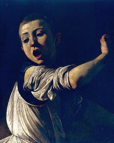 Michelangelo Merisi da Caravaggio, Martyrium des Evangelisten Matthäus. Detail. Ca. 1598-1600. (Caravaggio,Michelangelo Merisi da,1571-1610,Rom,San Luigi dei Francesi,Öl auf Leinwand,Contarelli-Kapelle,Caravaggio, Michelangelo Merisi da,evangelist,italienisch,barock,kind,schrecken,schreck,schrei,schreiend,licht und schatten,dramatik,dramatisch,angst)
